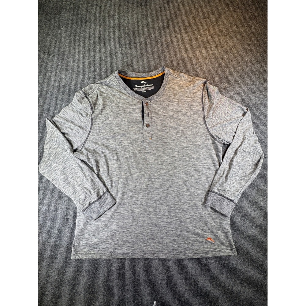 Tommy Bahama Mens XL Gray Space Dye Long Sleeve Henley Shirt Cotton Blend Logo